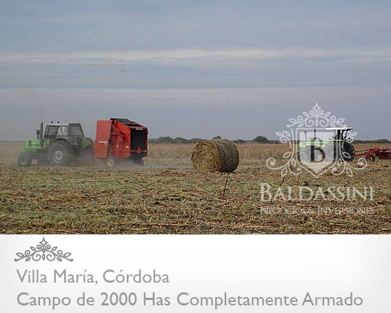 CAMPO GANADERO DE 2000 HAS. EN CÓRDOBA, VILLA MARÍA / A TRANQUERA CERRADA / AGUA / BEBEDEROS / MÁQUINAS COSECHADORAS / SEMBRADORAS / TRACTOR/ ETC. CAMPO MUY ARMADO!