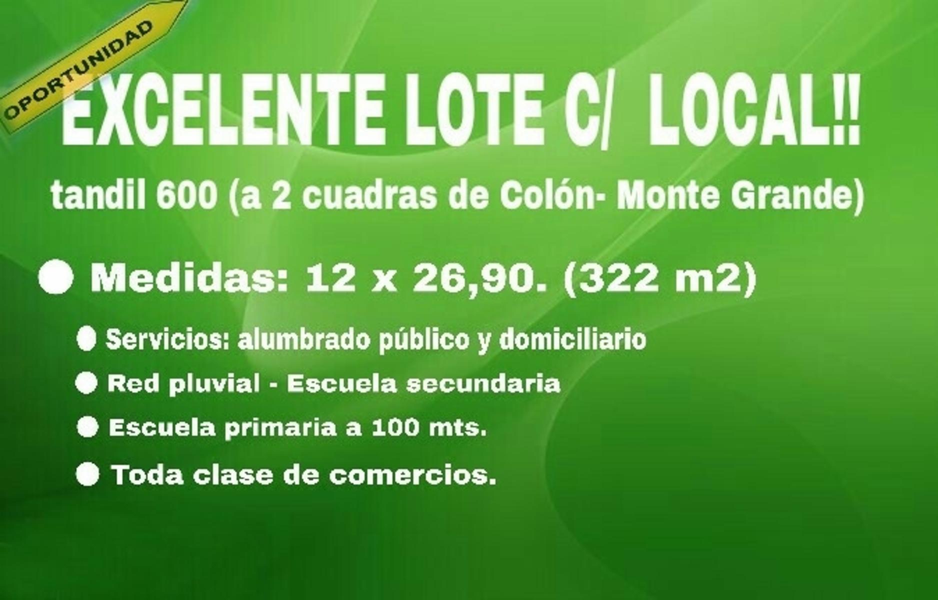 EXCELENTE LOTE CON LOCAL. MONTE GRANDE