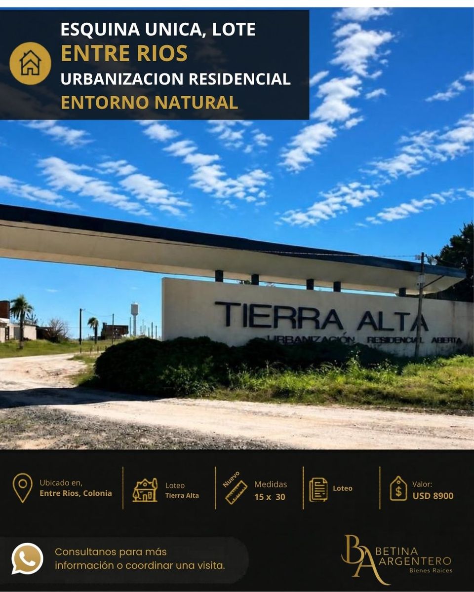 Oportunidad Lote en la urbanización TIERRA ALTA, Colonia Ensayo, ENTRE RÍOS