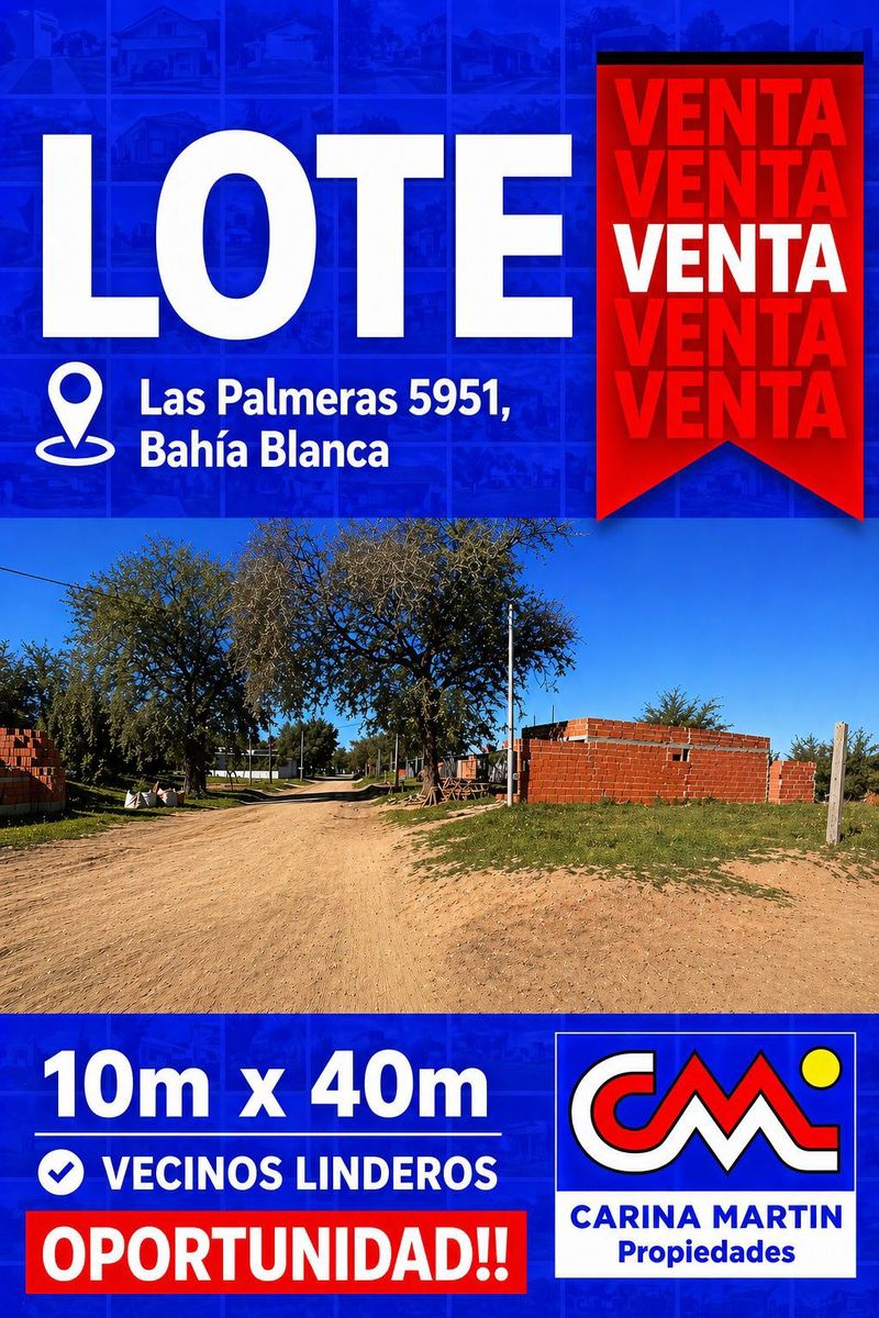 VENTA DE LOTE 10M DE FRENTE X 40M DE FONDO, LAS PALMERAS 5951 BARRIO PUNTA BLANCA.