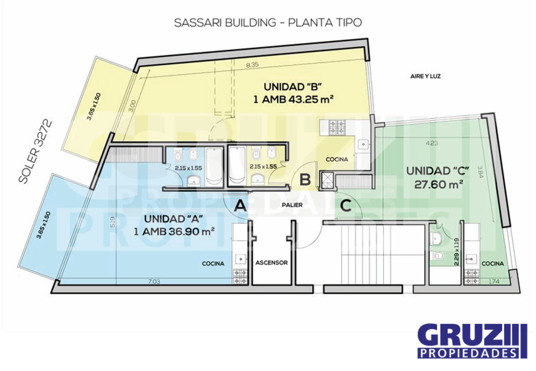 Planta Tipo Unidad C - Monoambientes de 28,50m2 - Soler 3272 - Palermo