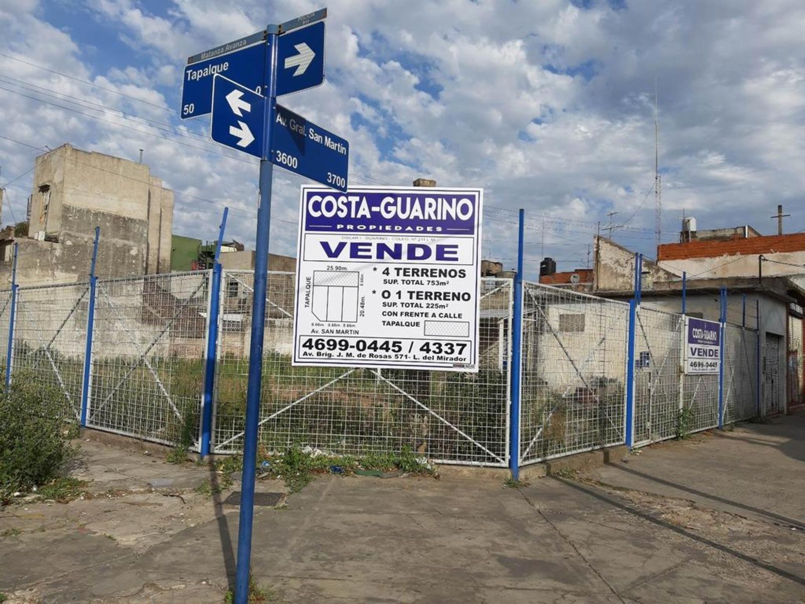 TERRENO DE 225 M² UBICADO SOBRE TAPALQUÉ ANTE ESQUINA AVENIDA SAN MARTÍN
